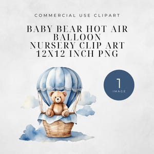 Teddy Bear Blue Hot Air Balloon Nursery Clip art, Clipart Single Image, Transparent PNG, Sublimation Design, commercial use, 12x12 inches,