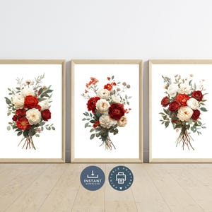 Burgundy Dark Red Beige Cream Watercolor Florals Flowers Wall Art, Set of 3 Poster Prints, Digital Printable Instant Download, ISO, Bedroom
