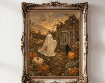 Vintage Halloween Ghost Wall Art, Autumn Pumpkin Garden and Black Cat Printable, Digital Download