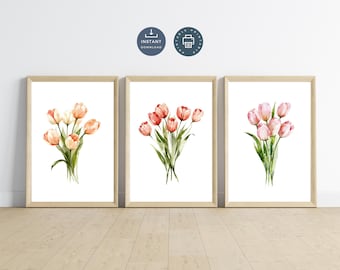 Watercolor Tulips Wall Art, Digital Download, Printable, Set 3 Floral Prints, Cottagecore Spring Summer