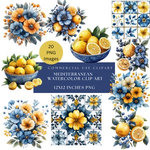 Carrelage méditerranéen, bleu jaune Orange aquarelle fleurs citrons Clipart Pack Bundle, Sublimation Design, PNG Transparent, usage Commercial