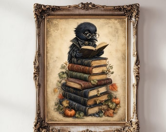 Raven Reading Books Wall Art, Dark Academia Fall Printable, Vintage Gothic Cottagecore Decor, Book Lover Autumn Print, Digital Download