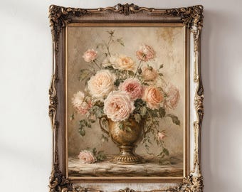 Vintage Pink Peonies Vase Wall Art Print, Watercolor Floral Printable Wall Decor, Digital Download