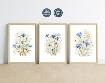 Blue White Wildflowers Wall Art Set of 3 Prints, Digital Download, Printable, Watercolor Cottagecore Florals Botanicals