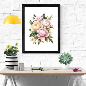 Pink White Peonies Roses Floral Watercolor Digital Printable Wall Art, Instant Download, Flowers, Floral Bouquet Print Wall Decor Bedroom image 2