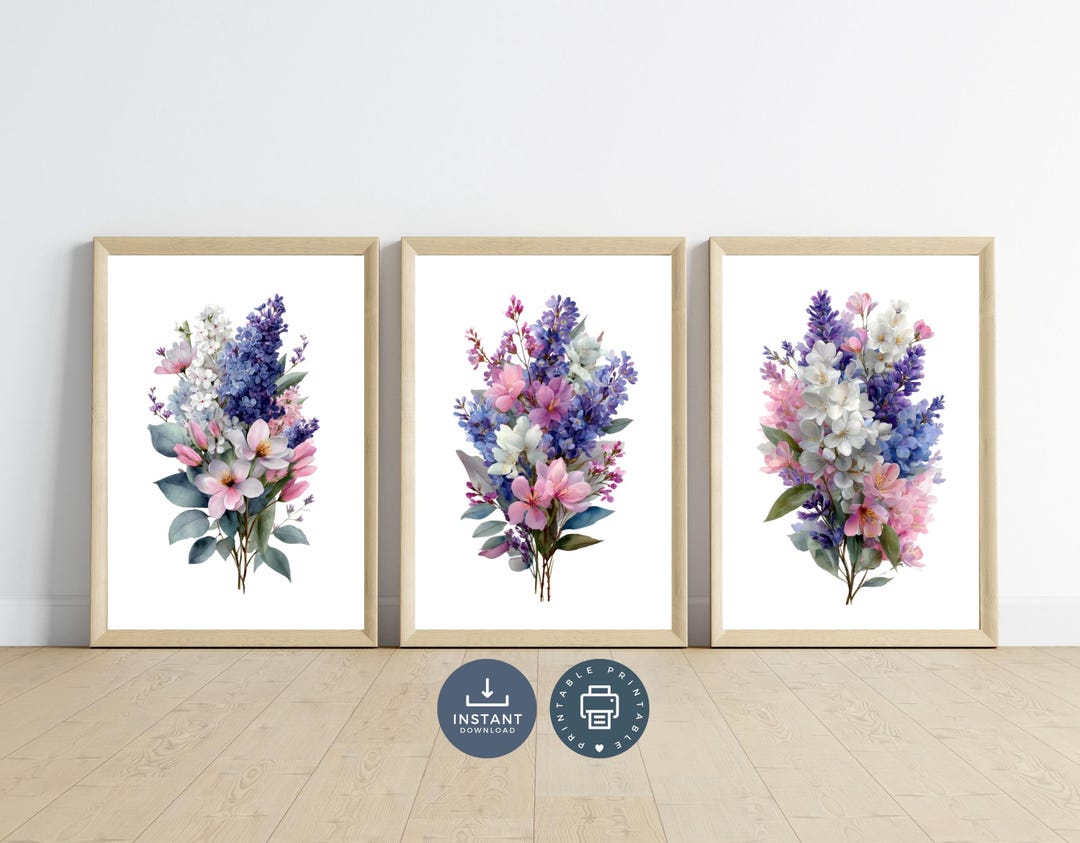 Wildflower Watercolor Print Set: Pink Purple Floral Wall Art (digital ...