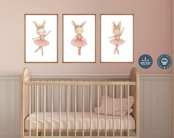 Pink Ballerina Bunny Nursery Prints: Boho Watercolor Wall Art (Set of 3) (Digital Download)