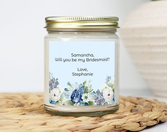 Bridesmaid Proposal Candle Gift, Will You Be my Bridesmaid, Gift For Bridesmaid, Maid of Honor, Personalized Candle Blue Floral, Customize