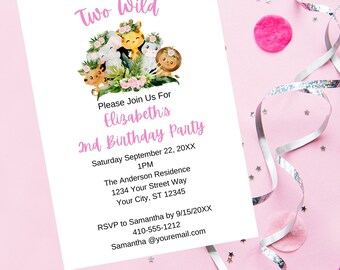 Jungle Safari Animals 2nd Birthday Party Invite Digital Template, Personalize, Edit in Canva, Printable, Downloadable, Pink for Girl, Second