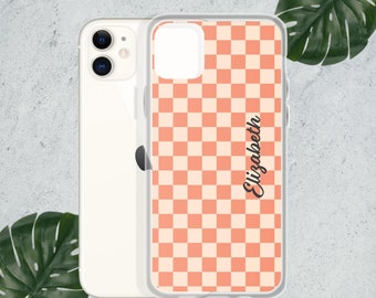 Retro Checkered Clear Case for iPhone®, Pink Peach Monogrammed Name, Personalized Gift Her, iPhone 15 14 13 12 11 XR XS X, Pro Max Plus