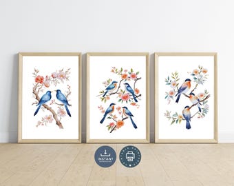 Blue Birds Floral Watercolor Art Prints: Chinoiserie Toile Set (Digital Download)