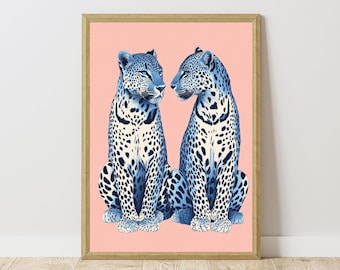Blue Leopard Print, Pink Preppy Girly Animal Art (Digital Download)