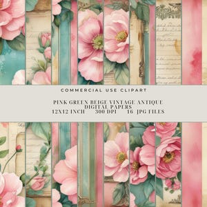 Rosa Grün Beige Blumen Rosen Antik Vintage Digital Printable Paper Pack Bundle, Junk-Journal, Scrapbooking Craft Collage, kommerzielle Nutzung
