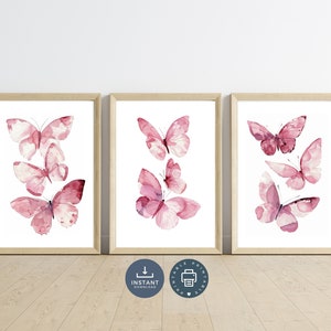 Pink Butterfly Watercolor Art Prints, Set of 3 (Digital Download)