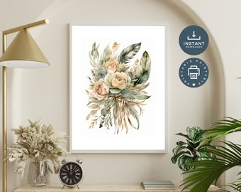 Boho Sage Green Beige Floral Flowers Botanicals Feathers Digital Wall Art, Instant Download, Printable Wall Art, Bedroom Living Room Rustic