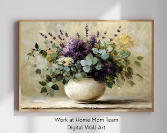 Lavender Eucalyptus Wall Art Print, Vintage Floral Still Life, French Country Botanical Printable, Rustic Farmhouse, Digital Download