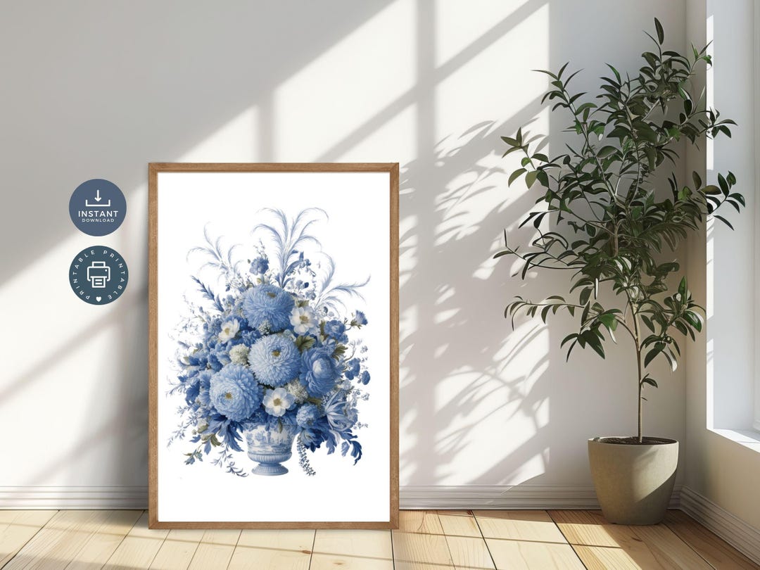 French Blue Toile Chinoiserie Floral Wall Art, Digital Printable Art ...