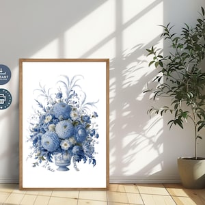 Blue Toile Floral Print: Chinoiserie Vase, Vintage Style (Digital Download)
