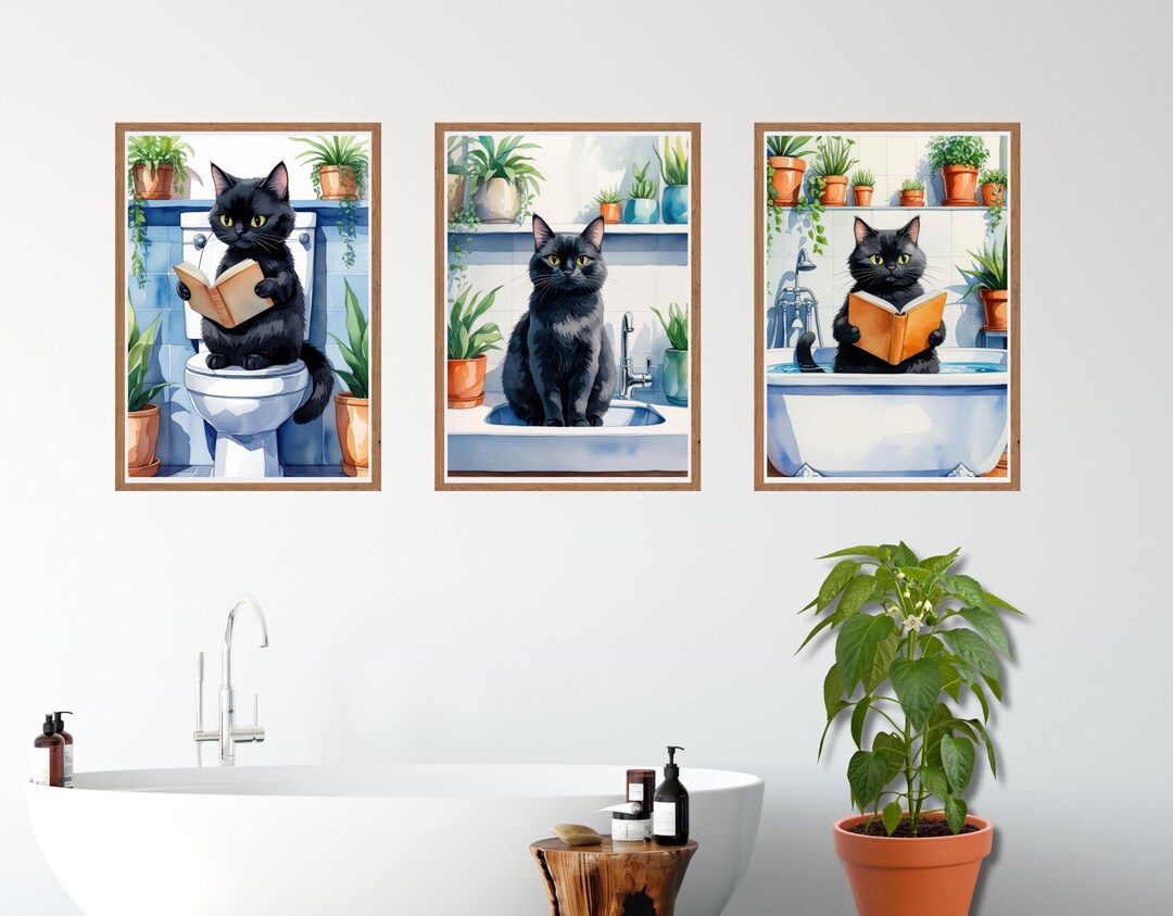 Black Cat Bathroom Watercolor Art Prints: Funny Cat Set of 3 (digital ...