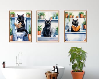 Black Cat Bathroom Watercolor Art Prints: Funny Cat Set of 3 (Digital Download)