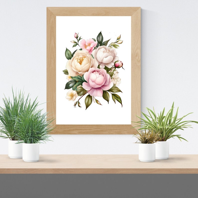 Peonies and Roses Watercolor Floral Digital Printable Wall Art