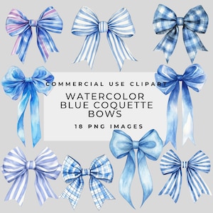 Blue Bows Clip Art Bundle Pack, Transparent PNG, Coquette Aesthetic Preppy Watercolor, Commercial use, Digital Instant Download, Sublimation