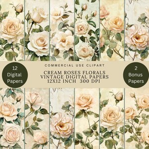 Ensemble de papier imprimable numérique antique vintage floral roses crème, journal indésirable, collage artisanal de scrapbooking, usage commercial, clipart aquarelle