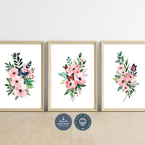 Pink Watercolor Wildflowers Florals Flowers with Butterflies Wall Art, Set of 3, Digital Printable Instant download Prints, Bedroom Nursery