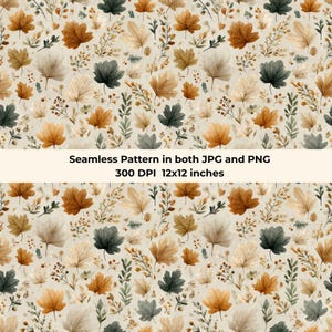 May include: A seamless pattern featuring a variety of autumn leaves in shades of brown, tan, and dark green on a light beige background. The text reads: Seamless Pattern in both JPG and PNG 300 DPI 12x12 inches.