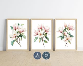 Magnolia Watercolor Print Set: Pink & White Floral Wall Art (Digital Download)