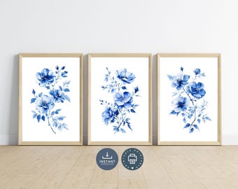 Blue Floral Wall Art Set of 3, Blue Watercolor Flower Prints, Botanical Printable Art, Bedroom Bathroom Decor, Digital Download