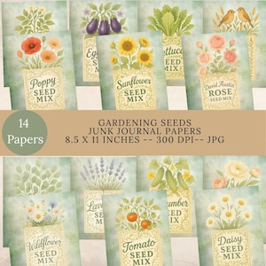 Paquetes de semillas vintage de jardinería, páginas imprimibles digitales para diario basura, kit de álbum de recortes, plantas, flores, verduras, collage, efímeras, JPG