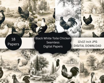 Black White Chicken Toile Digital Paper Pack, Farmhouse Rooster Seamless Scrapbook Paper, French Country Backgrounds, Instant Download