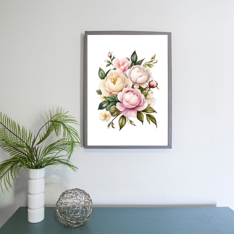 Pink White Peonies Roses Floral Watercolor Digital Printable Wall Art, Instant Download, Flowers, Floral Bouquet Print Wall Decor Bedroom image 5