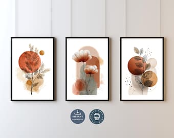 Botanical Line Art Prints, Beige Terracotta Gallery Wall Set (Digital Download)