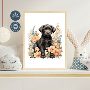 Black Lab Labrador Puppy Nursery Toddler Bedroom Wall Art, Digital and Printable, Instant Download, Peach Florals, Little Girls Room Art