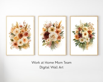 Floral Wall Art Set of 3, Neutral Watercolor Flower Prints, Botanical Printable Decor, Vintage Gallery Set, Digital Download