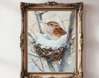 Wren Bird Winter Snow Wall Art Print, Watercolor Nature Wall Decor, Printable Digital Download