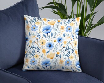 Boho Blue Yellow Wildflower Floral Botanical Throw Accent Pillow, Bedroom Living room Dorm room