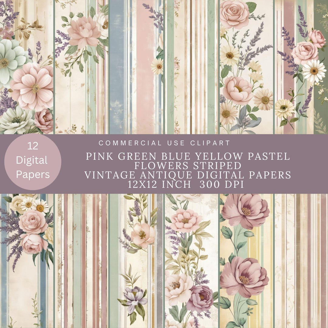 Floral Stripes Digital Paper Pack: Vintage Scrapbook, Junk Journal ...
