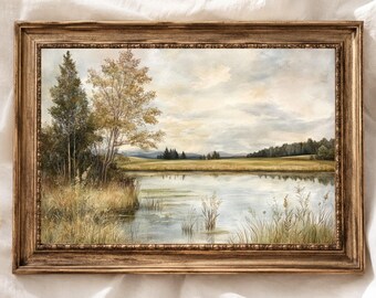 French Countryside Wall Art, Vintage Lake Landscape Print, Rustic Farmhouse Printable, Cottagecore Painting, Digital Download