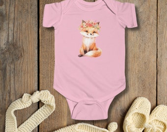 Baby Fox Pink Flowers on Head Infant Bodysuit, Gift for Baby Girl, Baby shower gift, New baby gift, Baby Toddler, 1st Birthday gift, Newborn