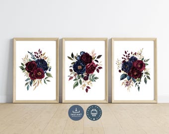 Floral Bouquet Wall Art Prints: Navy, Burgundy, Maroon (Digital Download)