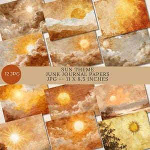 May include: A set of 12 JPG junk journal papers with a sun theme. Each paper displays a sun illustration with clouds, in warm yellows, oranges, and browns. The papers measure 27.94 x 21.59 cm.