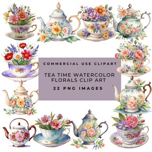 Pacchetto di clip art vintage per il Tea Party, tazze da tè, teiere, fiori acquerellati, fiori pastello, PNG trasparenti, uso commerciale, ora del tè