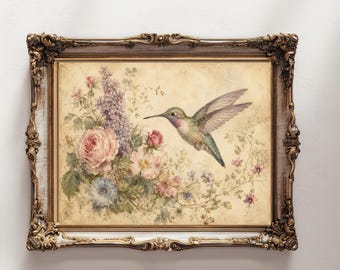 Vintage Hummingbird Floral Wall Art Print, Watercolor Roses Lilacs Nature Wall Decor, Digital Download