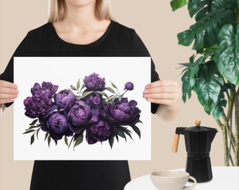 Dark Purple Moody Floral Peonies and Greenery Bouquet of Flowers, Wall Art Poster Print, Giclee Quality, Bedroom, Living Room Print, Dorm