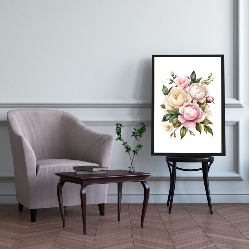 Pink White Peonies Roses Floral Watercolor Digital Printable Wall Art, Instant Download, Flowers, Floral Bouquet Print Wall Decor Bedroom image 3