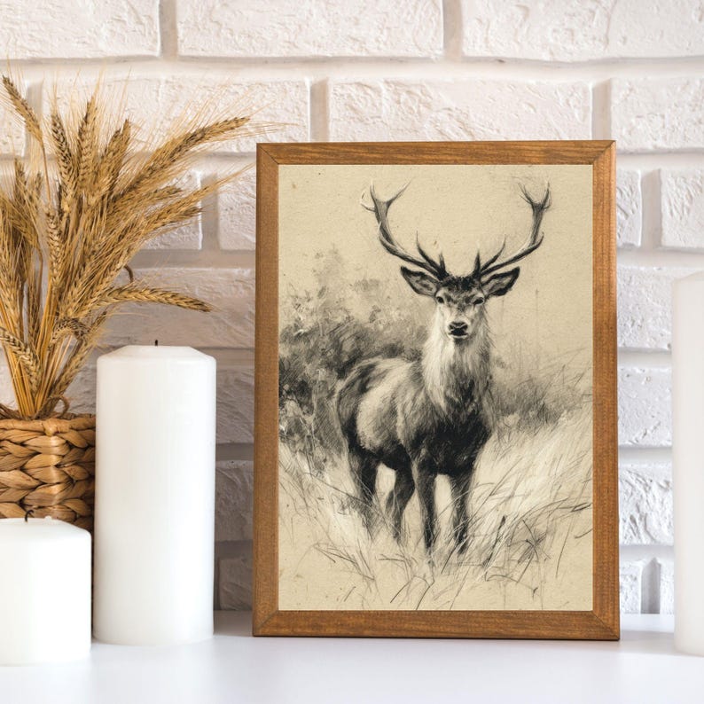 Deer Stag Sketch Wall Art Print, Vintage, Woodland Animal, Rustic Decor ...