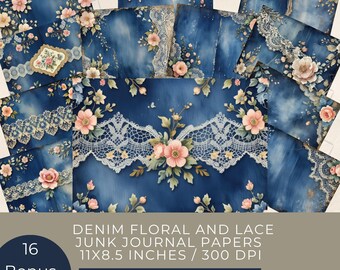 Blue Denim Pink Floral Lace Junk Journal Scrapbook Paper, Vintage Ephemera Tags, Digital Download